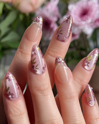 Falling Sakura press-on nails — Elegant Rosy Mauve, Hand-painted Blooms & Pearls. handmade nail art by Joyee Nails