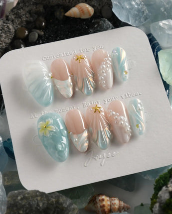 Yasawa Blue press-on nail set — Pearly Blue-White, 3D Shells & Starfish design, hand-painted with real gel polish