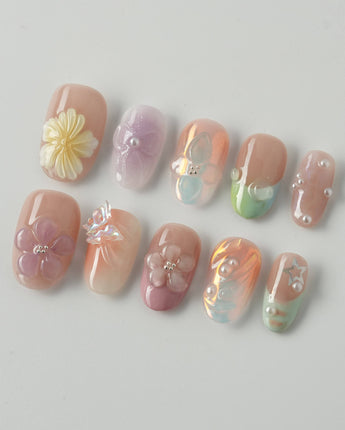 Wonderland Whims 3D pink bloom nails with glossy almond shape and pearl accents