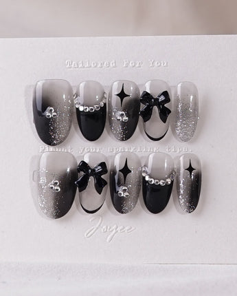 Gorgeous Gown press-on nails — black white gradient rhinestone bow y2k nails handmade nail art by Joyee Nails