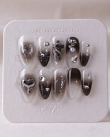 Night Butterfly press-on nail set — black ombre chrome 3D gothic nails design, hand-painted with real gel polish