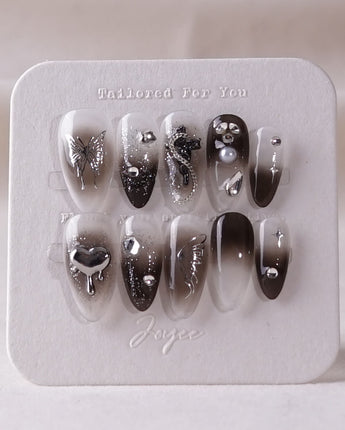 Night Butterfly press-on nail set — black ombre chrome 3D gothic nails design, hand-painted with real gel polish