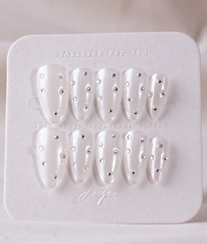Glitz Galore press-on nail set — milky white rhinestone nails design, hand-painted with real gel polish