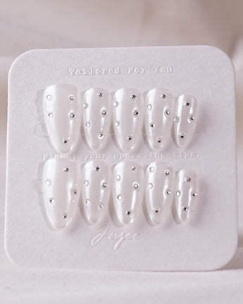 Glitz Galore press-on nail set — milky white rhinestone nails design, hand-painted with real gel polish