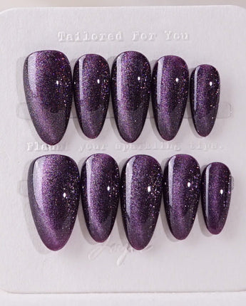 Mauve Nail Color Cat-eye press-on nails — dark purple cat eye nails handmade nail art by Joyee Nails