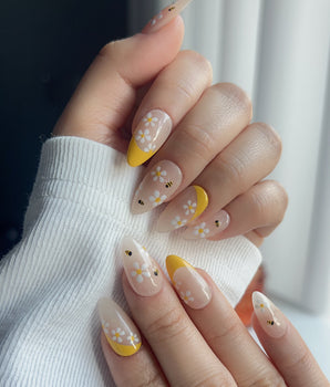 BeeBee Nails press-on nail set — Daisy & Bee, Yellow French. design, hand-painted with real gel polish