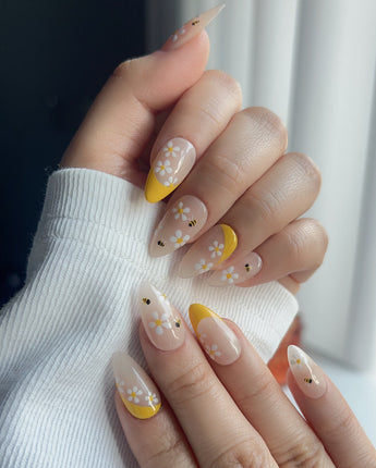 BeeBee Nails press-on nail set — Daisy & Bee, Yellow French. design, hand-painted with real gel polish
