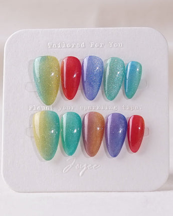 Colored Stone press-on nails — Colorful Cat Eye Nails handmade nail art by Joyee Nails