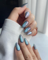 Spinning Aurora handmade press-on nails featuring Gradient Duo-chrome Cat-eye with Blue-Green and Pink-Purple Shift