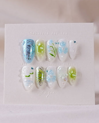 Lotus Breeze press-on nails — Pearly and 3D Sculpted Florals handmade nail art by Joyee Nails