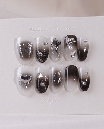 Night Butterfly press-on nails — black ombre chrome 3D gothic nails handmade nail art by Joyee Nails