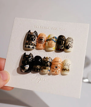 Gayer-Anderson Cat press-on nail set — Egyptian elements cartoon nails design, hand-painted with real gel polish