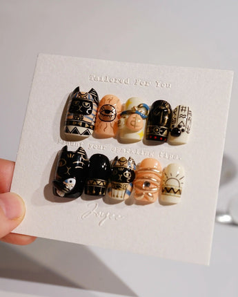 Gayer-Anderson Cat press-on nail set — Egyptian elements cartoon nails design, hand-painted with real gel polish