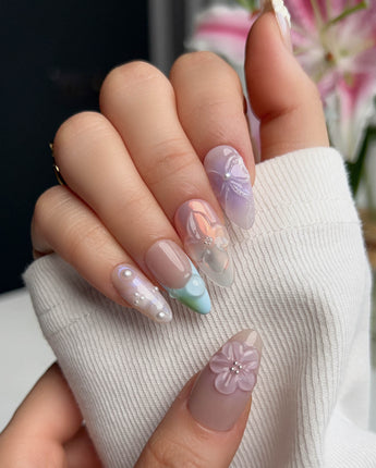 Wonderland Whims romantic pink press-on nails with delicate 3D floral accents and pearls