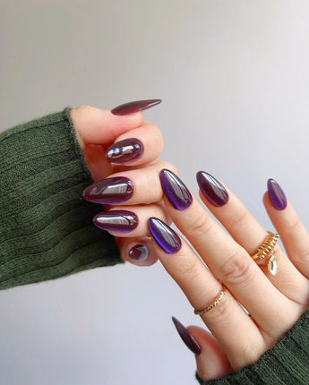 Grape Color Cat-eye press-on nail set — purple cat eye nails design, hand-painted with real gel polish