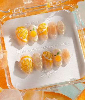 Juicy Juicy handmade press-on nails featuring Vibrant Orange & White, 3D Orange Slices.