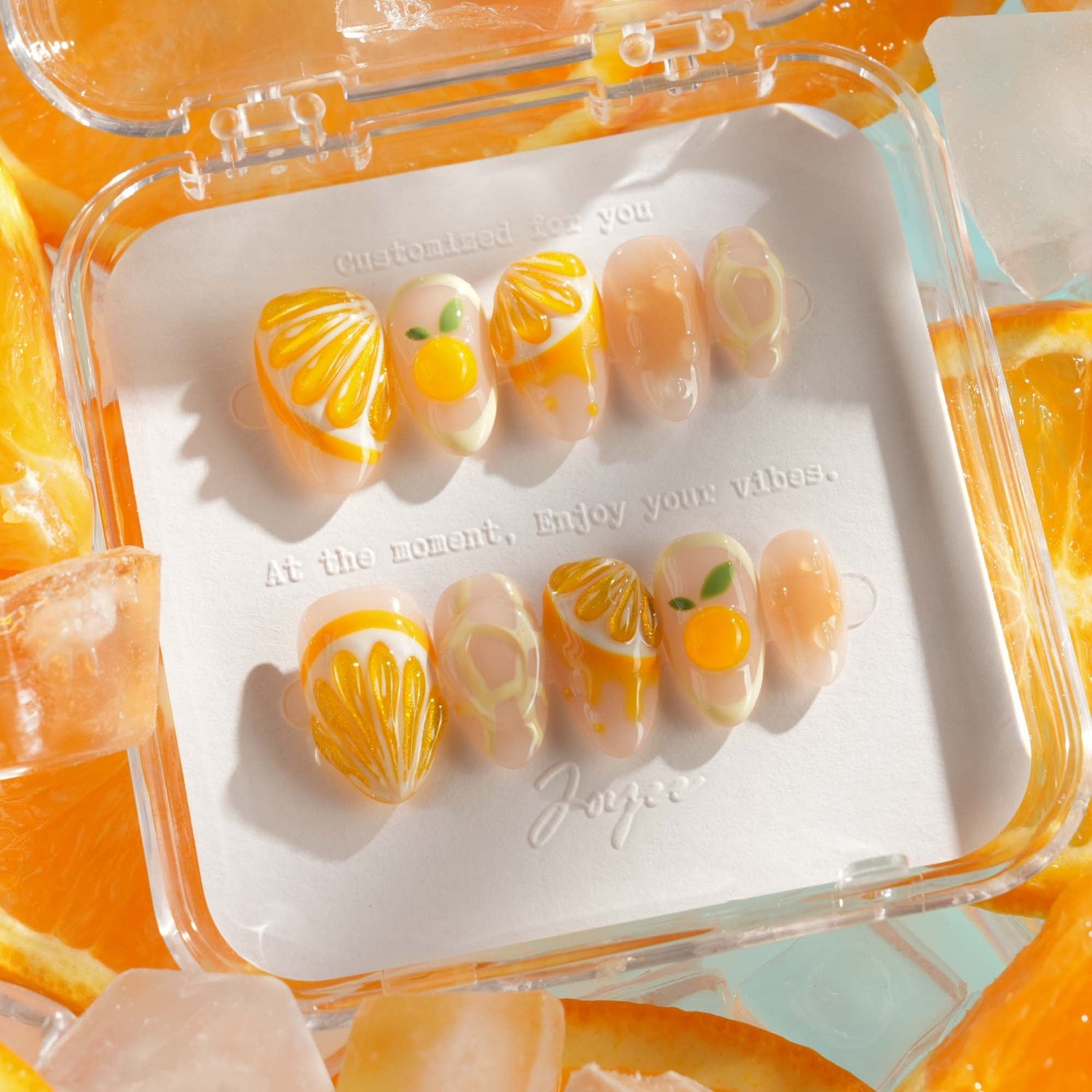 Orange fruit press-on nails with 3D citrus slices	