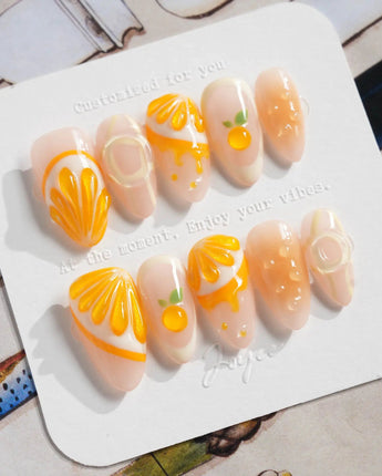 Juicy Juicy bright orange fruit nails with 3D citrus slice details