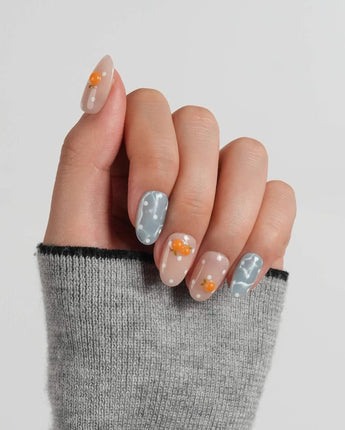 Juicy Summer custom press-on nails with refreshing blue and orange citrus details