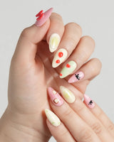 Kiki’s Enchanted Picnic press-on nails — Pastel Multicolor, Hand-painted Cat & Bow. handmade nail art by Joyee Nails