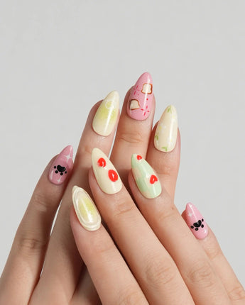 Kiki’s Enchanted Picnic press-on nails — Pastel Multicolor, Hand-painted Cat