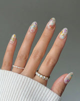 Kiln Spring press-on nails in short oval shape — Colorful Butterflies, Hand-painted Golden Outlines & Glitter Petals.