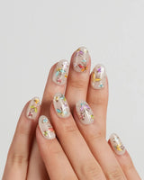 Kiln Spring press-on nails in short oval shape — Colorful Butterflies, Hand-painted Golden Outlines & Glitter Petals.