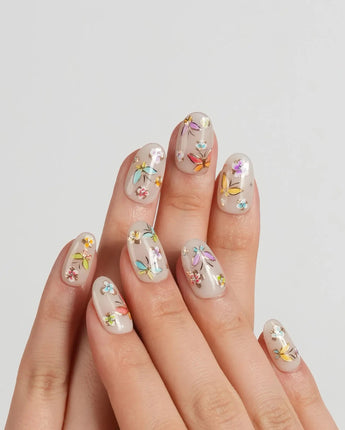 Kiln Spring press-on nails in short oval shape — Colorful Butterflies, Hand-painted Golden Outlines & Glitter Petals.