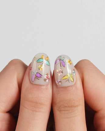 Kiln Spring press-on nails in short oval shape — Colorful Butterflies, Hand-painted Golden Outlines & Glitter Petals.