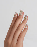 Kiln Spring press-on nails in short oval shape — Colorful Butterflies, Hand-painted Golden Outlines & Glitter Petals.