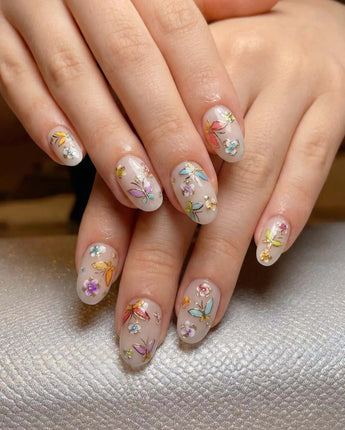 Kiln Spring nail art close-up showing Colorful Butterflies, Hand-painted Golden Outlines & Glitter Petals. details