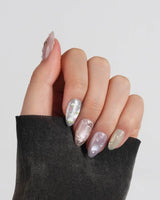 Koi Dream handmade press-on nails featuring Shimmering Mermaid Pearl, Metallic Relief Goldfish & cat eye effict.