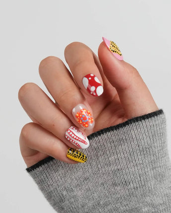 Kusama Dot custom-size short oval press-on nails with bright polka dot art