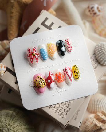Kusama Dot extra short almond press-on nails with multicolor polka dots