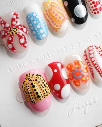 Kusama Dot Short Oval press on nails, handmade custom nails by Joyeenails