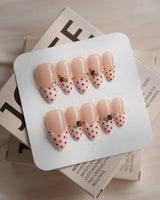 Ladybug Picnic nail art close-up showing Vintage Red Polka Dots, Hand-painted Ladybugs & French Pearl Accents. details