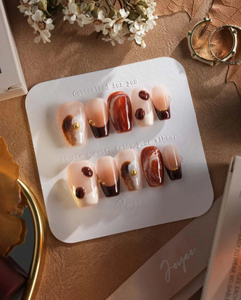 Latte Coffee press-on nails with coffee-inspired brown marble, 3D beans and glossy finish