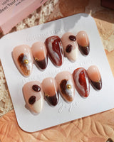 Latte Coffee press-on nails with warm espresso marble and creamy 3D foam details