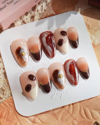 Latte Coffee press-on nails with warm espresso marble and creamy 3D foam details
