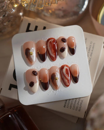 Latte Coffee medium almond press-on nails with coffee brown marble and 3D bean details