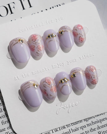 Lavender Rose press-on nails in extra short oval shape — Dreamy Light Purple, Hand-painted Roses & Metallic Outlines.