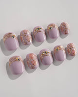 Lavender Rose press-on nails in extra short squoval shape — Dreamy Light Purple, Hand-painted Roses & Metallic Outlines.