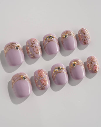 Lavender Rose press-on nails in extra short squoval shape — Dreamy Light Purple, Hand-painted Roses & Metallic Outlines.