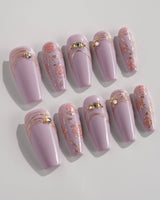 Lavender Rose press-on nails in medium coffin shape — Dreamy Light Purple, Hand-painted Roses & Metallic Outlines.