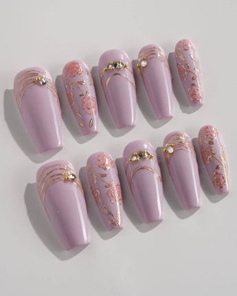 Lavender Rose press-on nails in medium coffin shape — Dreamy Light Purple, Hand-painted Roses & Metallic Outlines.