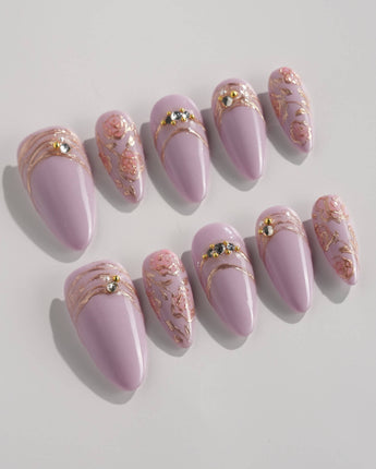 Lavender Rose press-on nails in short almond shape — Dreamy Light Purple, Hand-painted Roses & Metallic Outlines.
