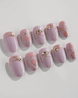 Lavender Rose press-on nails in short oval shape — Dreamy Light Purple, Hand-painted Roses & Metallic Outlines.