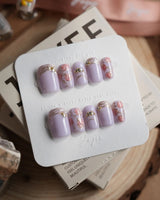 Lavender Rose press-on nails in short square shape — Dreamy Light Purple, Hand-painted Roses & Metallic Outlines.