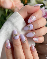 Lavender Rose nail art close-up showing Dreamy Light Purple, Hand-painted Roses & Metallic Outlines. details