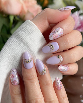 Lavender Rose nail art close-up showing Dreamy Light Purple, Hand-painted Roses & Metallic Outlines. details